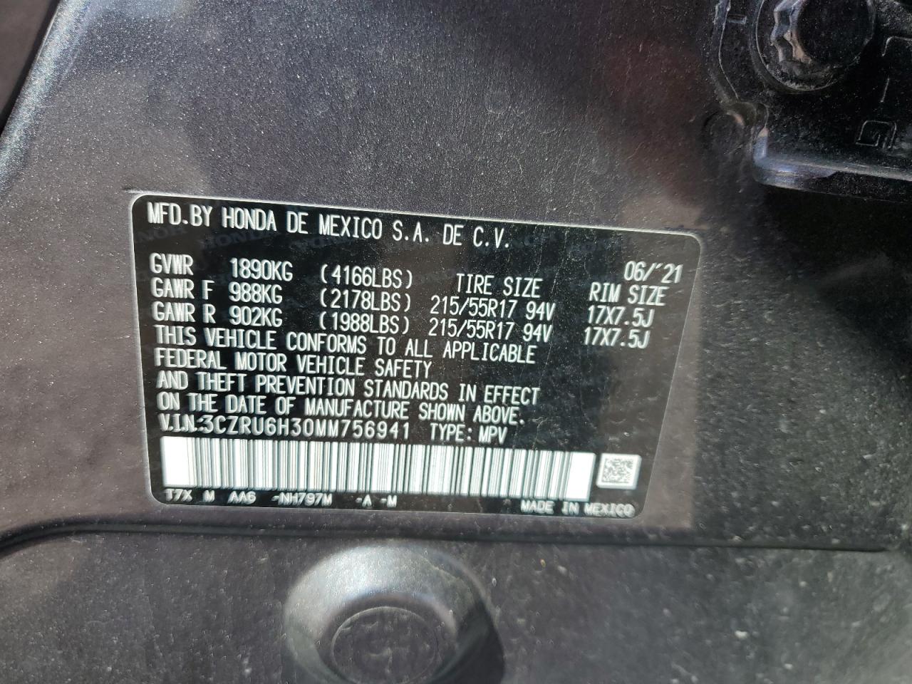 2021 Honda Hr-V Lx VIN: 3CZRU6H30MM756941 Lot: 57097785