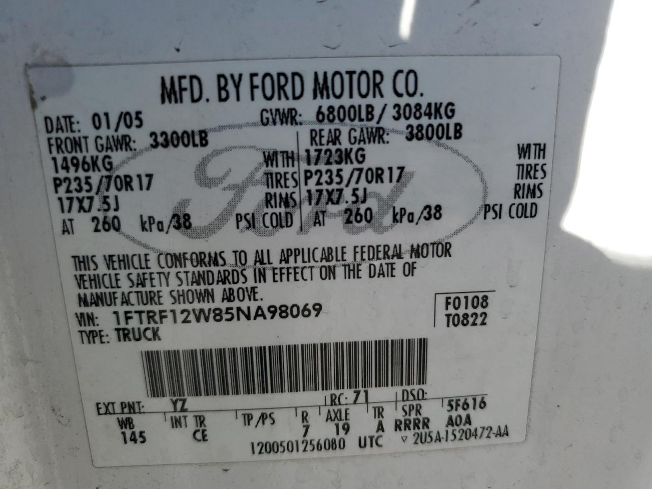 2005 Ford F150 VIN: 1FTRF12W85NA98069 Lot: 59182905