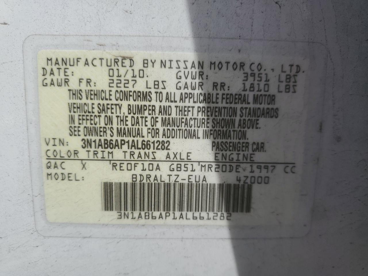 2010 Nissan Sentra 2.0 VIN: 3N1AB6AP1AL661282 Lot: 56645605