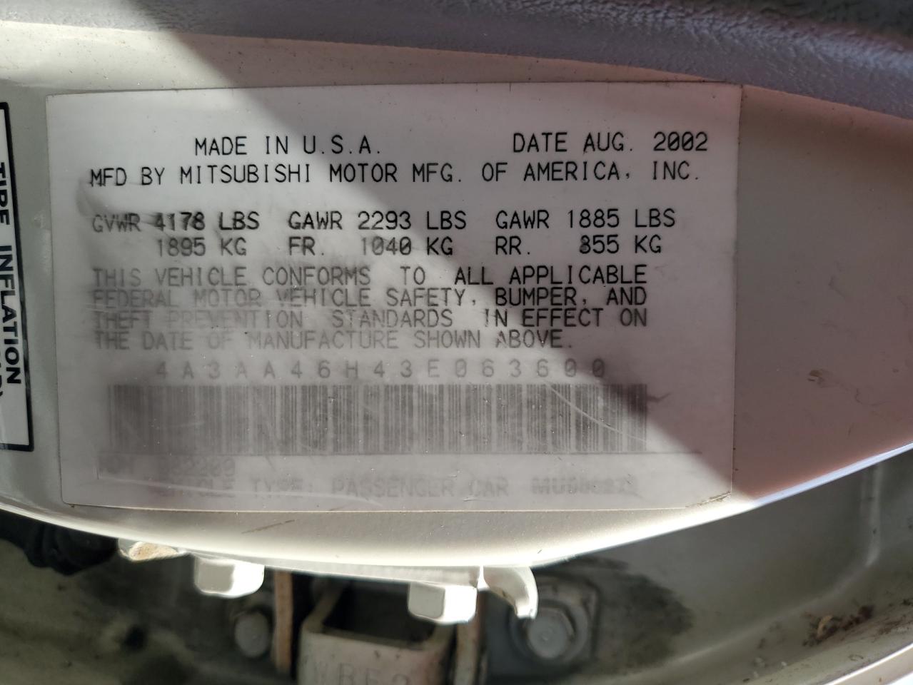 2003 Mitsubishi Galant Es VIN: 4A3AA46H43E063600 Lot: 56342245