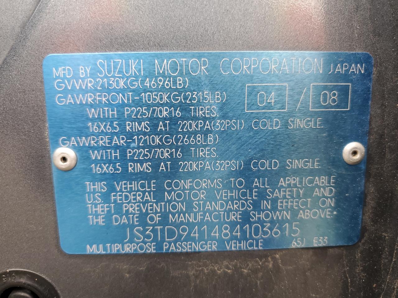 2008 Suzuki Grand Vitara VIN: JS3TD941484103615 Lot: 56634065
