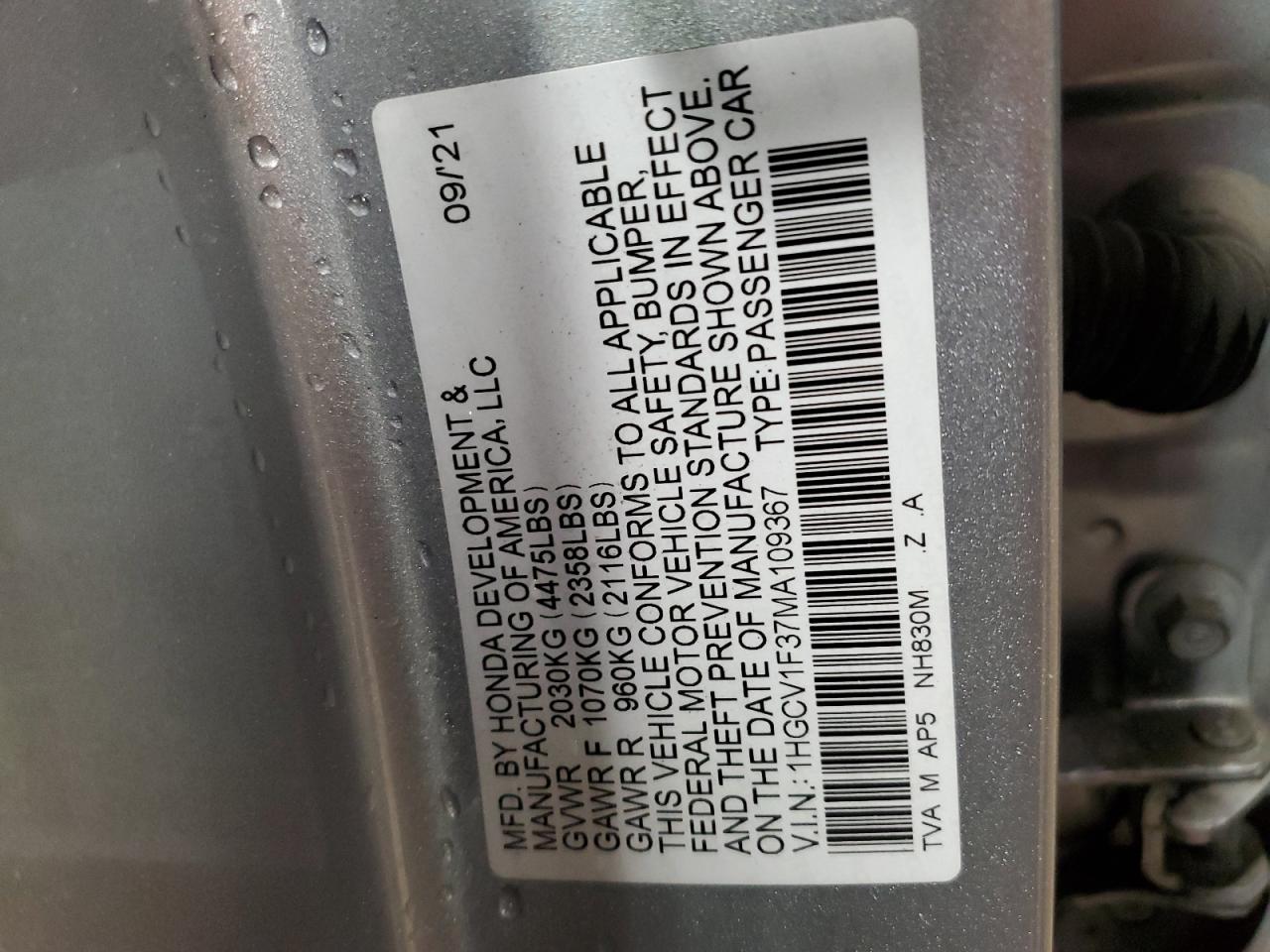 2021 Honda Accord Sport VIN: 1HGCV1F37MA109367 Lot: 56870155