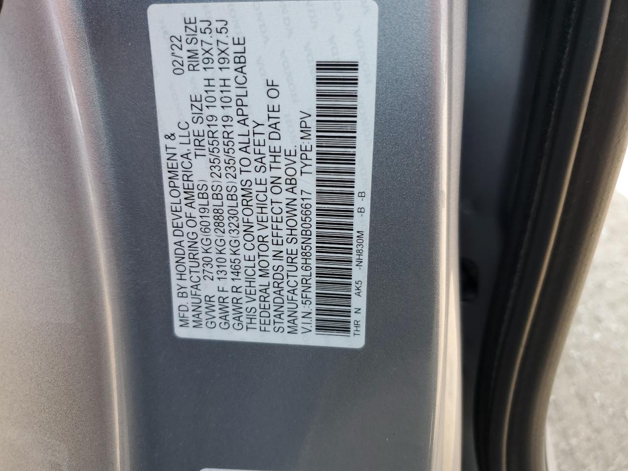 2022 Honda Odyssey Touring VIN: 5FNRL6H85NB056617 Lot: 59208295