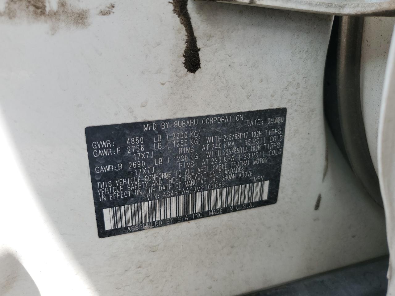 2021 Subaru Outback VIN: 4S4BTAAC3M3106683 Lot: 55268605