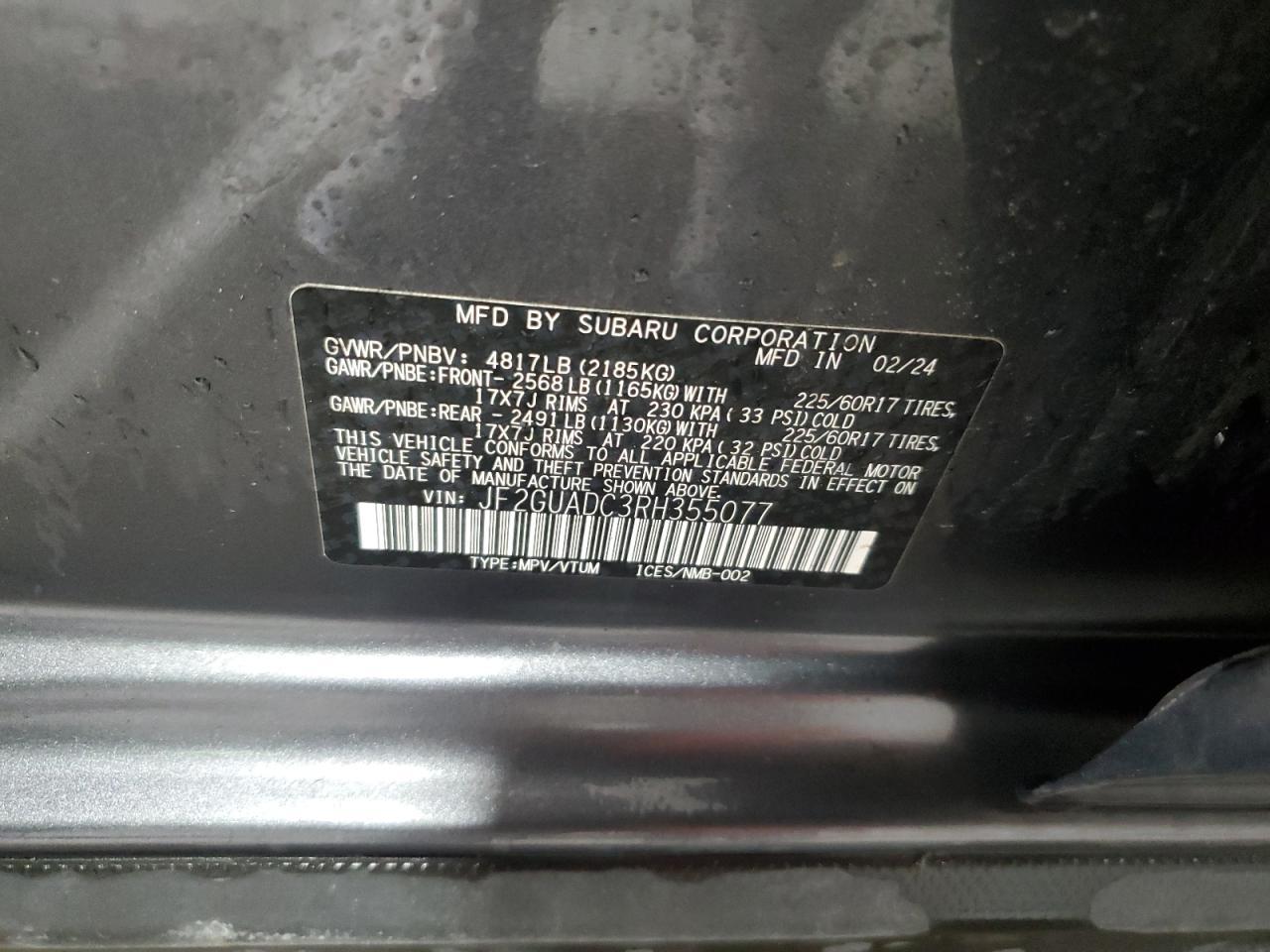 2024 Subaru Crosstrek Premium VIN: JF2GUADC3RH35507X Lot: 57085475