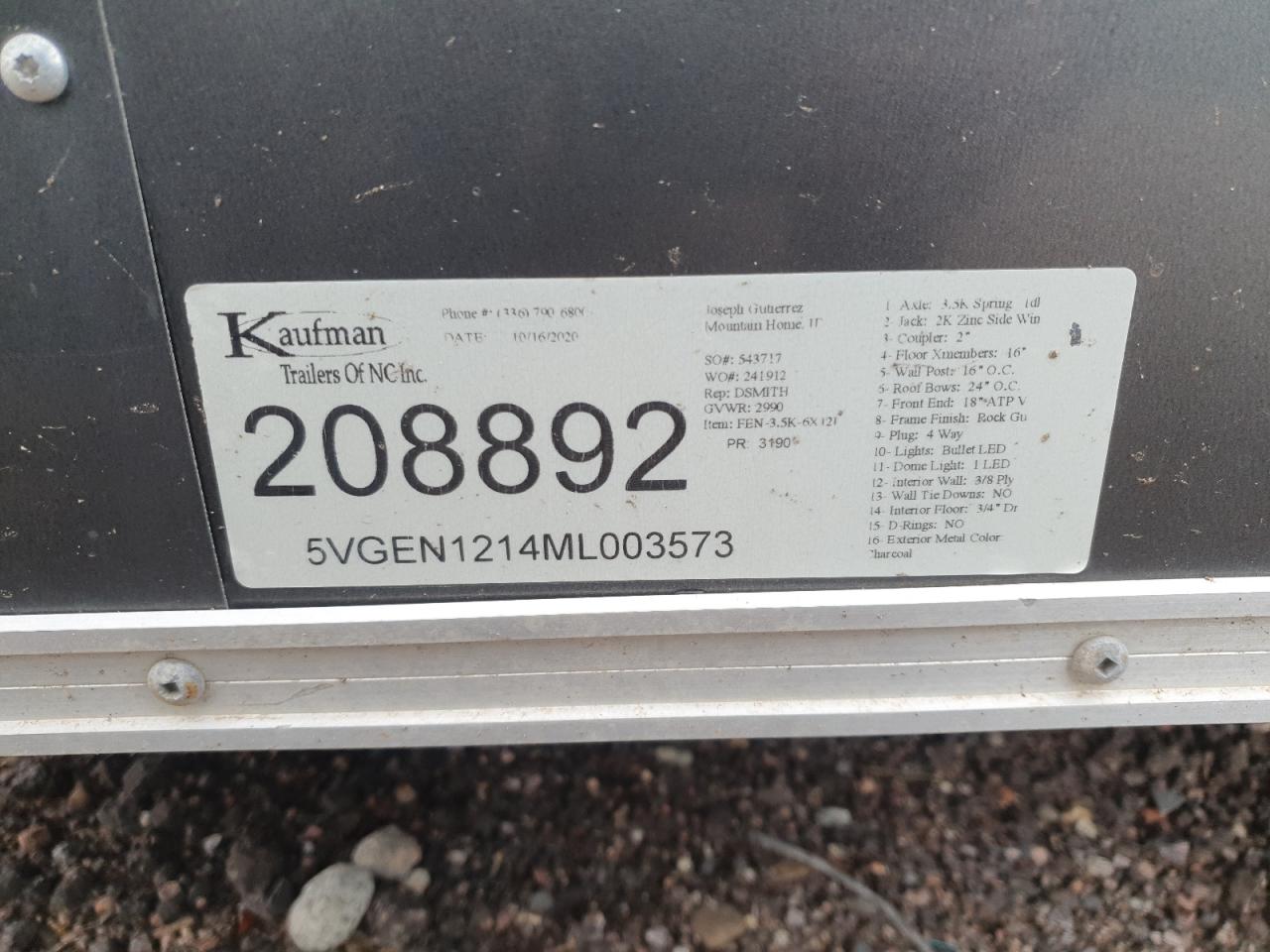 2019 Kaufman Trailer VIN: 5VGEN1214ML003573 Lot: 92943615