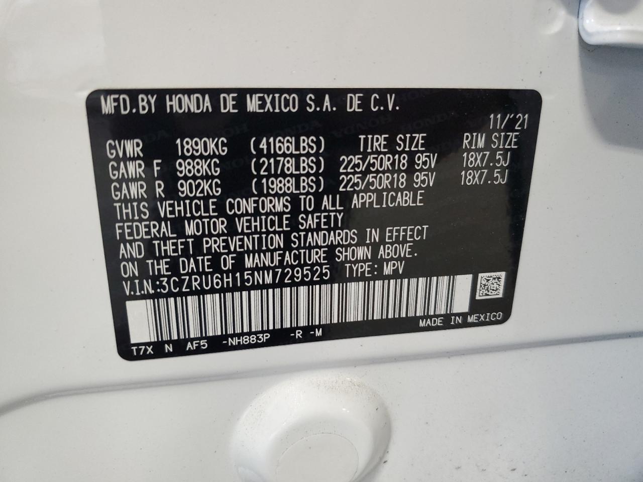 2022 Honda Hr-V Sport VIN: 3CZRU6H15NM729525 Lot: 56750235