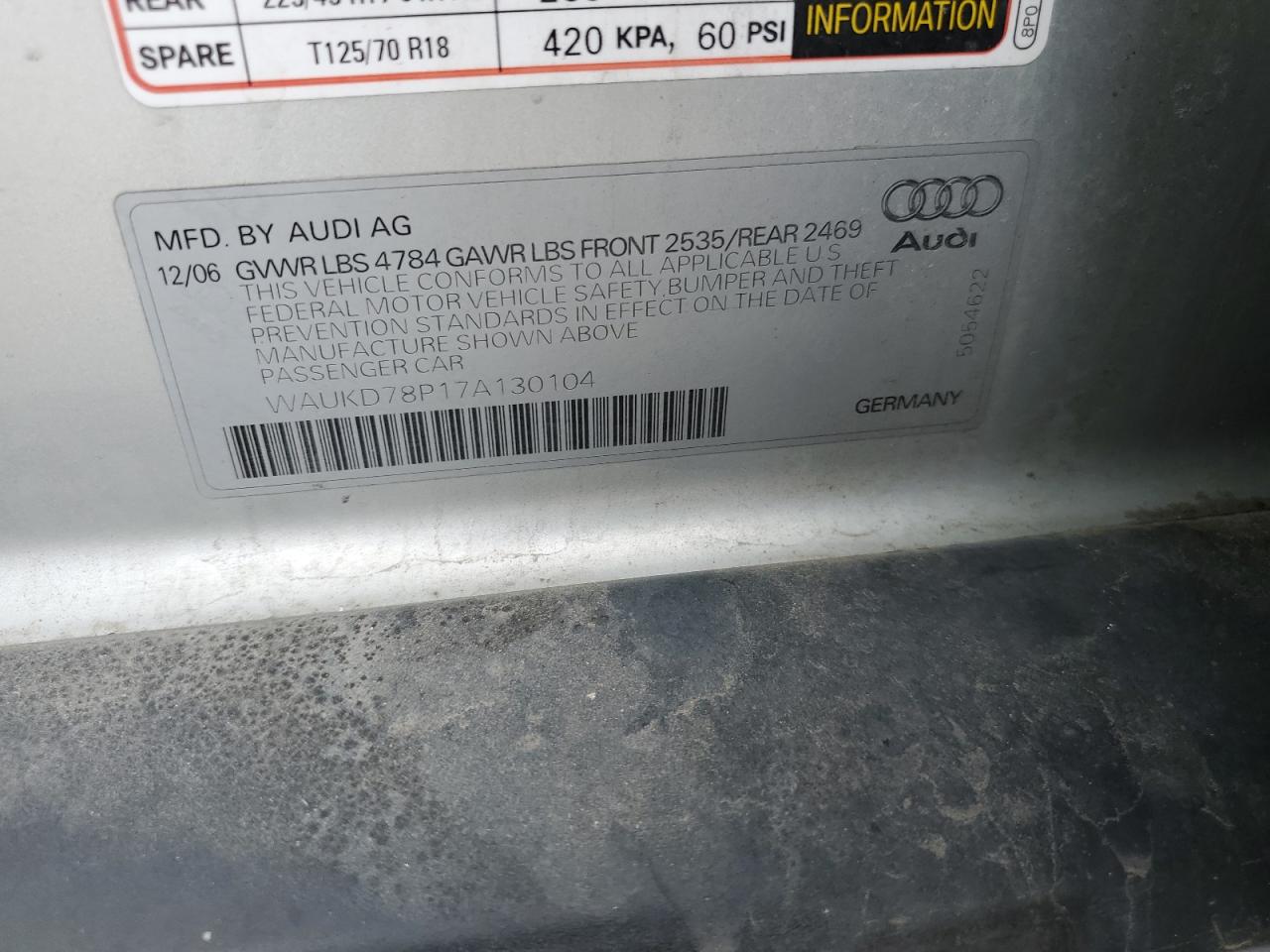 2007 Audi A3 S-Line 3.2 Quattro VIN: WAUKD78P17A130104 Lot: 56118725
