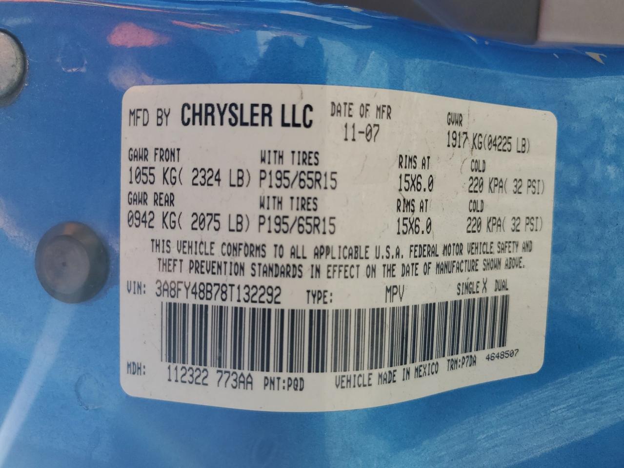 2008 Chrysler Pt Cruiser VIN: 3A8FY48B78T132292 Lot: 56969945