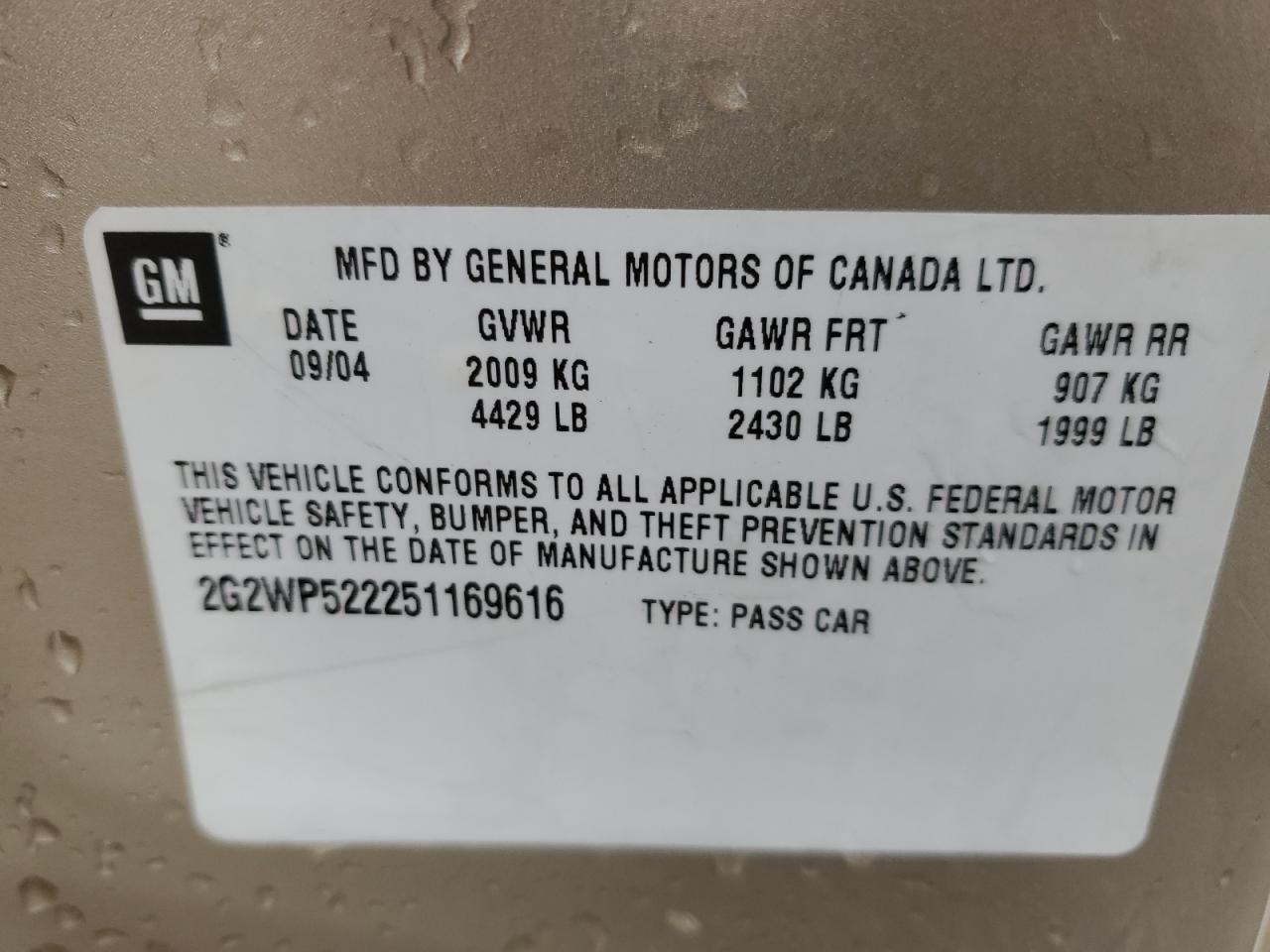 2005 Pontiac Grand Prix VIN: 2G2WP522251169616 Lot: 55975445