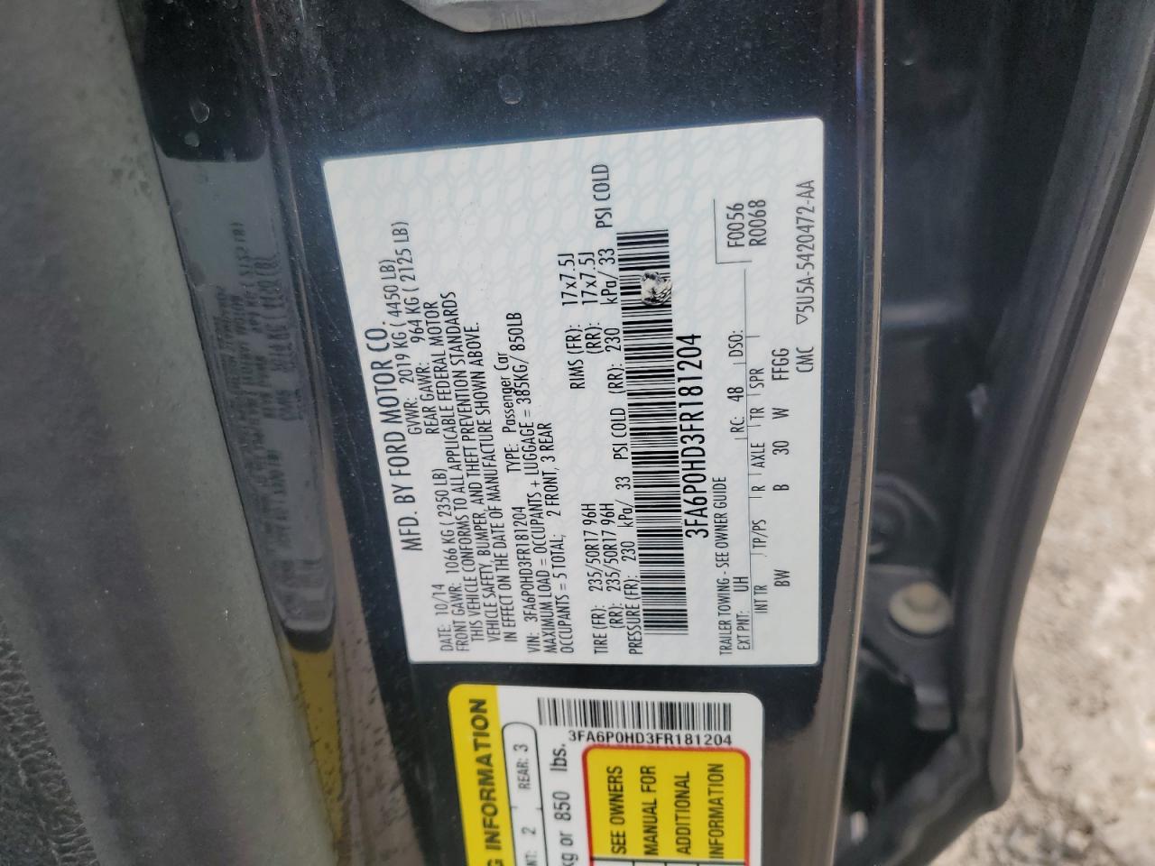 2015 Ford Fusion Se VIN: 3FA6P0HD3FR181204 Lot: 57815505