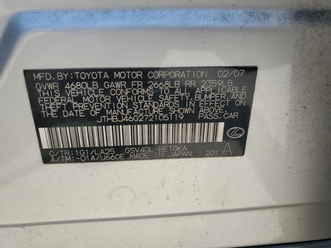 2007 Lexus Es 350 VIN: JTHBJ46G272105119 Lot: 56917275