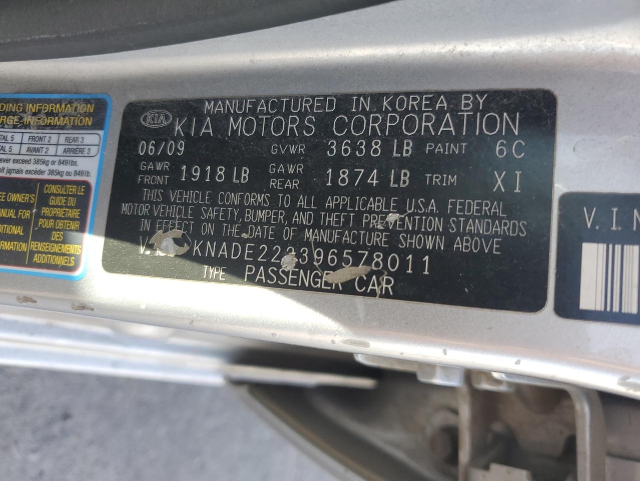 2009 Kia Rio Base VIN: KNADE223396578011 Lot: 56980575