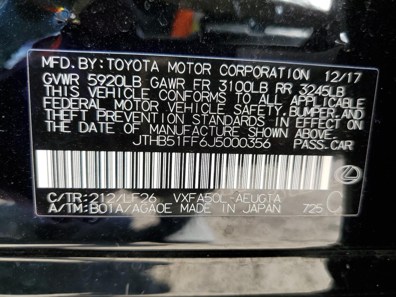 2018 Lexus Ls 500 Base VIN: JTHB51FF6J5000356 Lot: 56917685