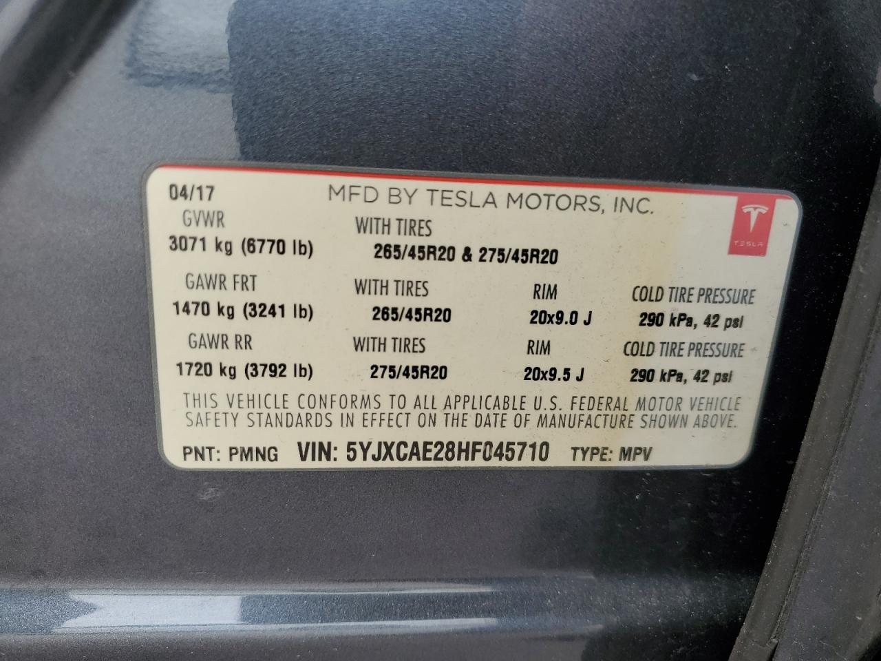 2017 Tesla Model X VIN: 5YJXCAE28HF045710 Lot: 55360105