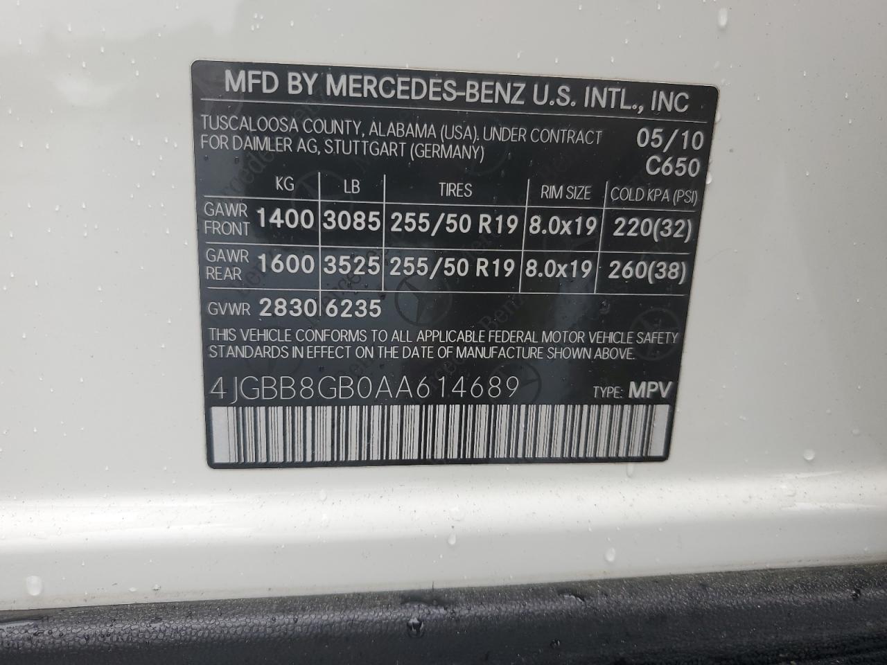 2010 Mercedes-Benz Ml 350 4Matic VIN: 4JGBB8GB0AA614689 Lot: 55466675