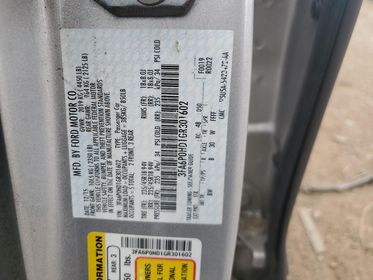 2016 Ford Fusion Se VIN: 3FA6P0HD1GR301602 Lot: 58171185