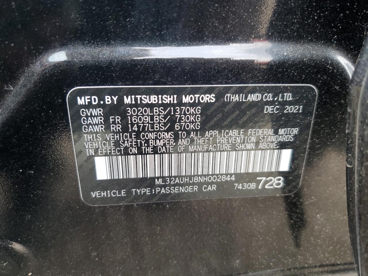 2022 Mitsubishi Mirage Es VIN: ML32AUHJ8NH002844 Lot: 57463675