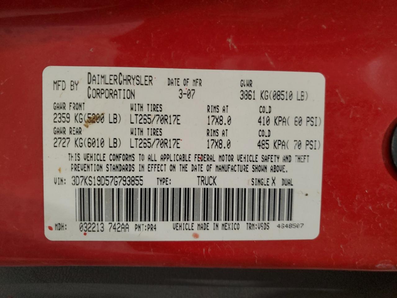 2007 Dodge Ram 1500 VIN: 3D7KS19D57G793855 Lot: 56585655