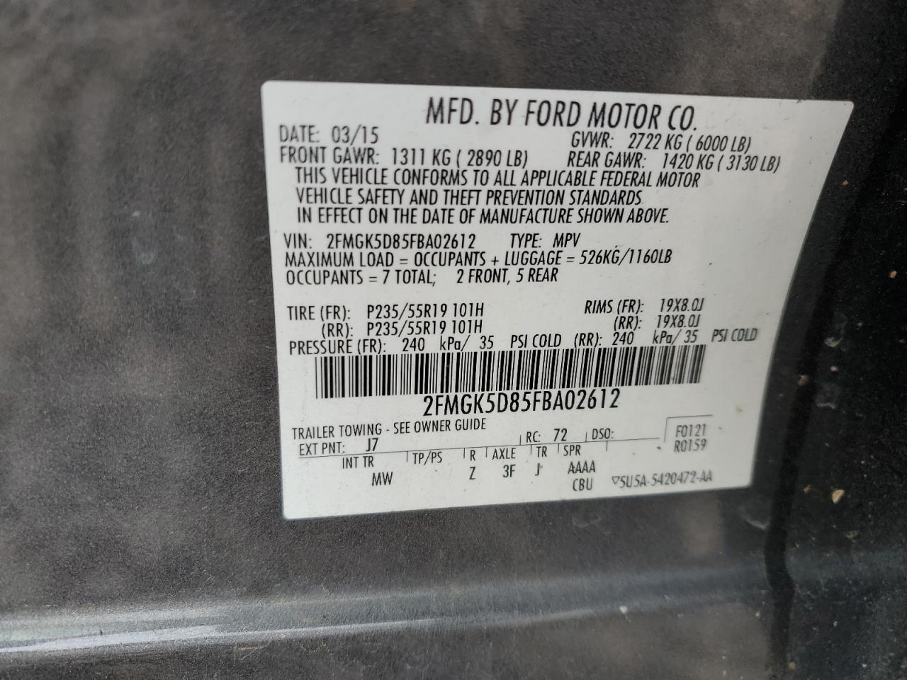 2015 Ford Flex Limited VIN: 2FMGK5D85FBA02612 Lot: 56930985
