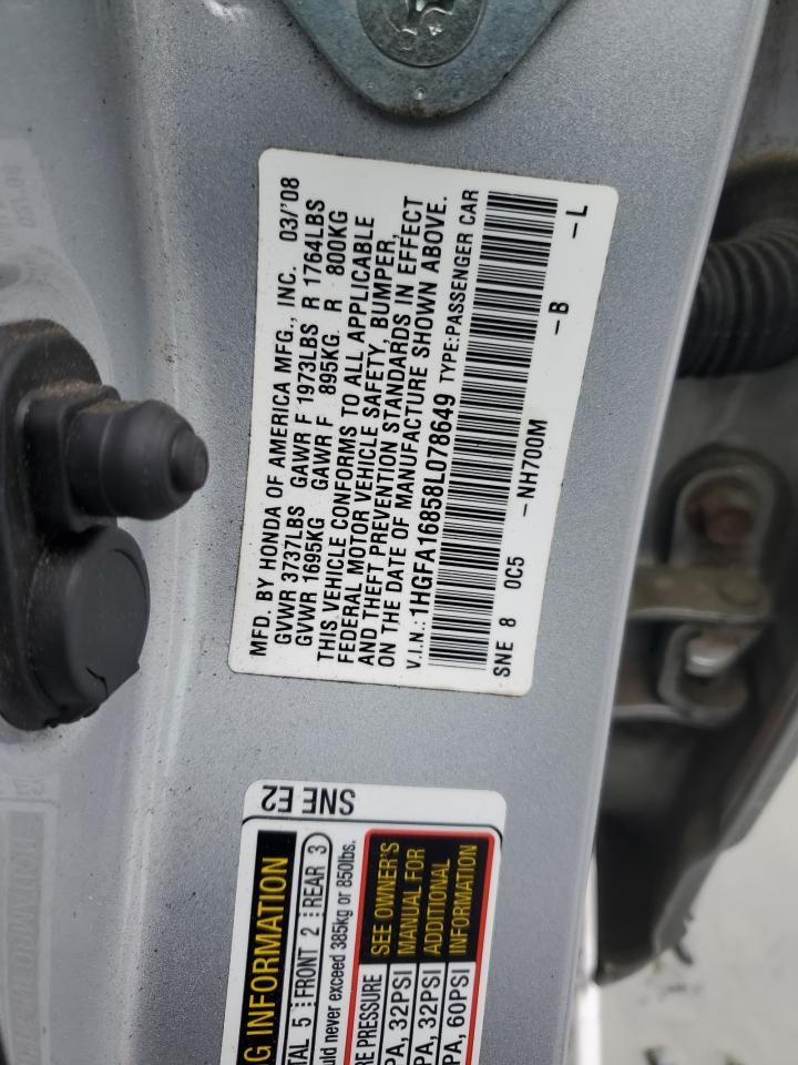 2008 Honda Civic Ex VIN: 1HGFA16858L078649 Lot: 58001305