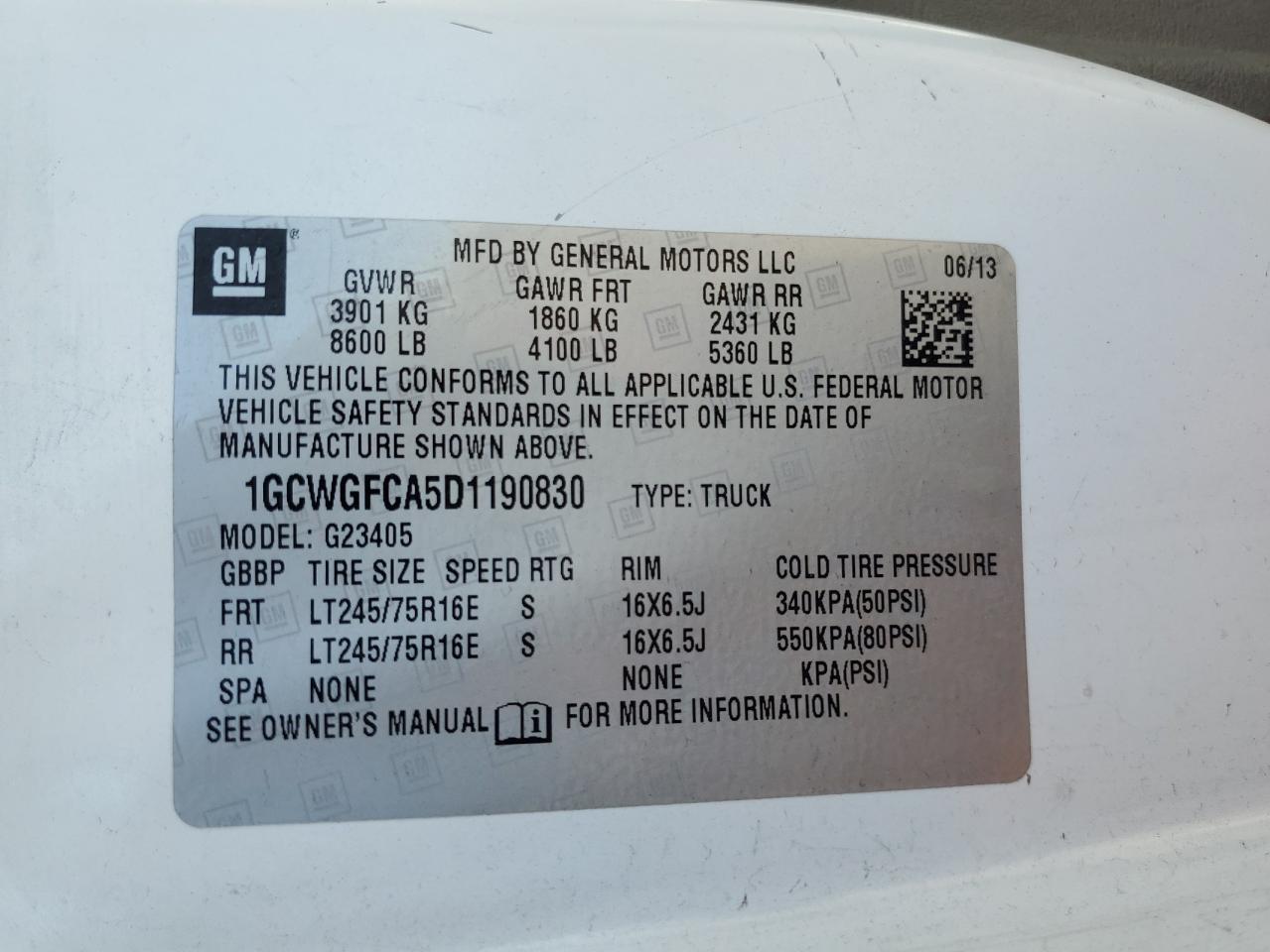 2013 Chevrolet Express G2500 VIN: 1GCWGFCA5D1190830 Lot: 57453275