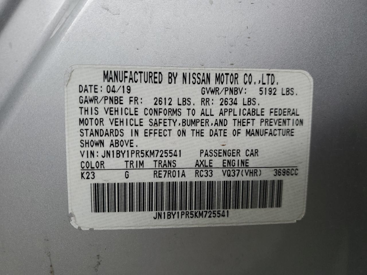 2019 Infiniti Q70L 3.7 Luxe VIN: JN1BY1PR5KM725541 Lot: 53800465