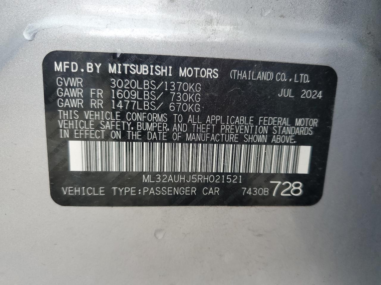 2024 Mitsubishi Mirage Es VIN: ML32AUHJ5RH021521 Lot: 56720665