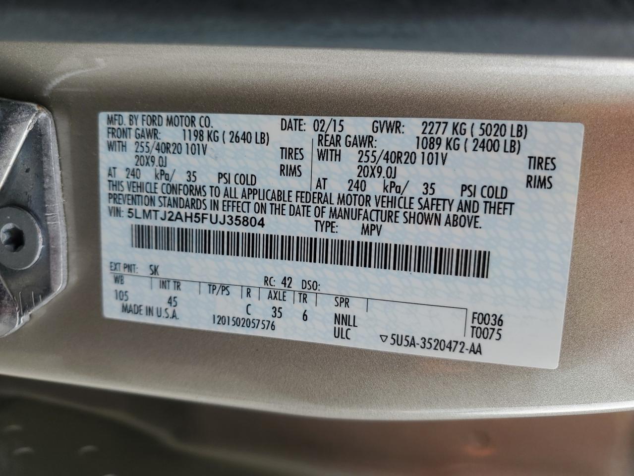 2015 Lincoln Mkc VIN: 5LMTJ2AH5FUJ35804 Lot: 55396085