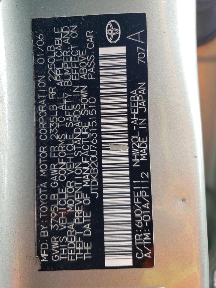 2006 Toyota Prius VIN: JTDKB20U763151510 Lot: 91667295