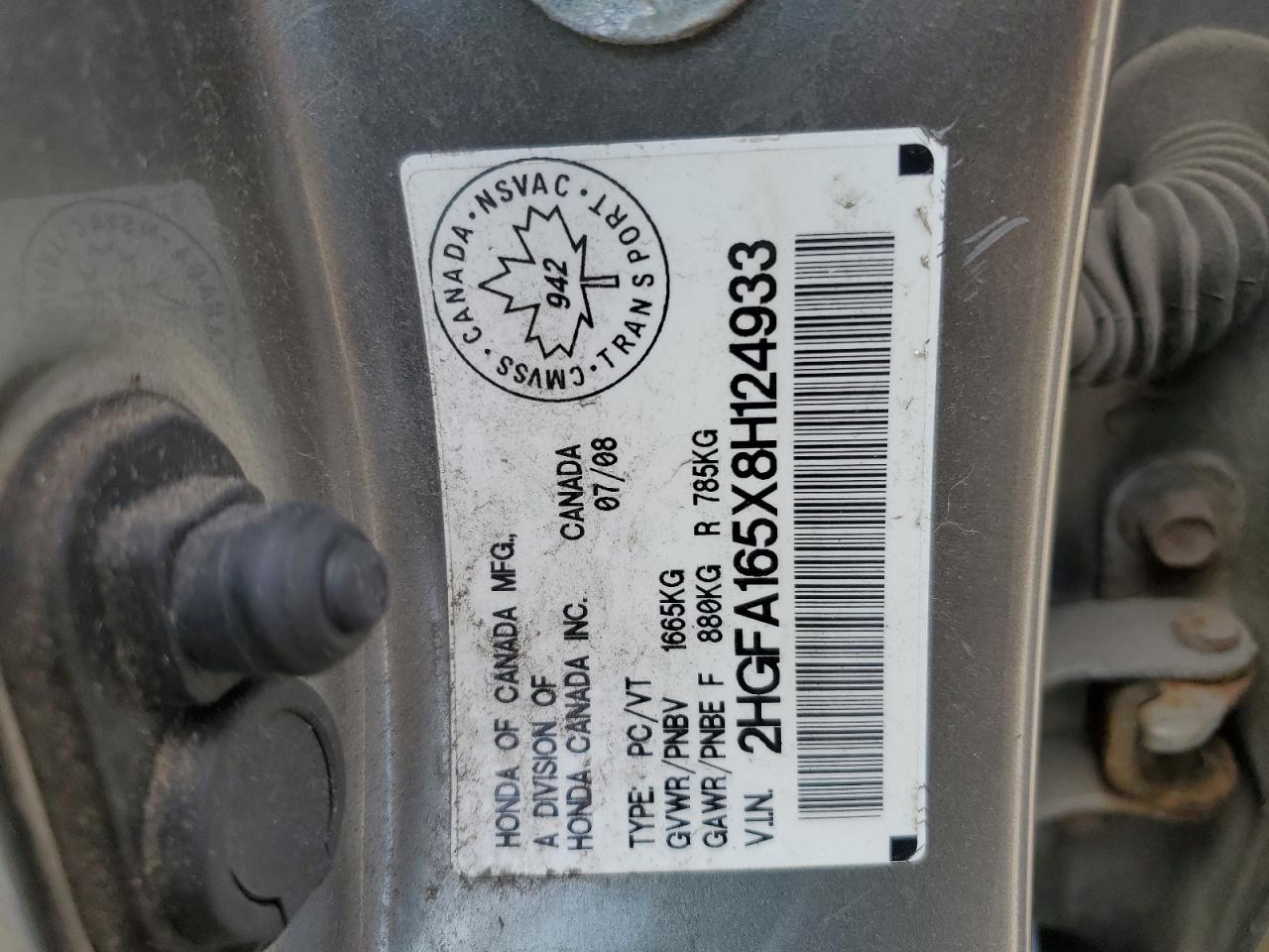 2008 Honda Civic Lx VIN: 2HGFA165X8H124933 Lot: 54841925