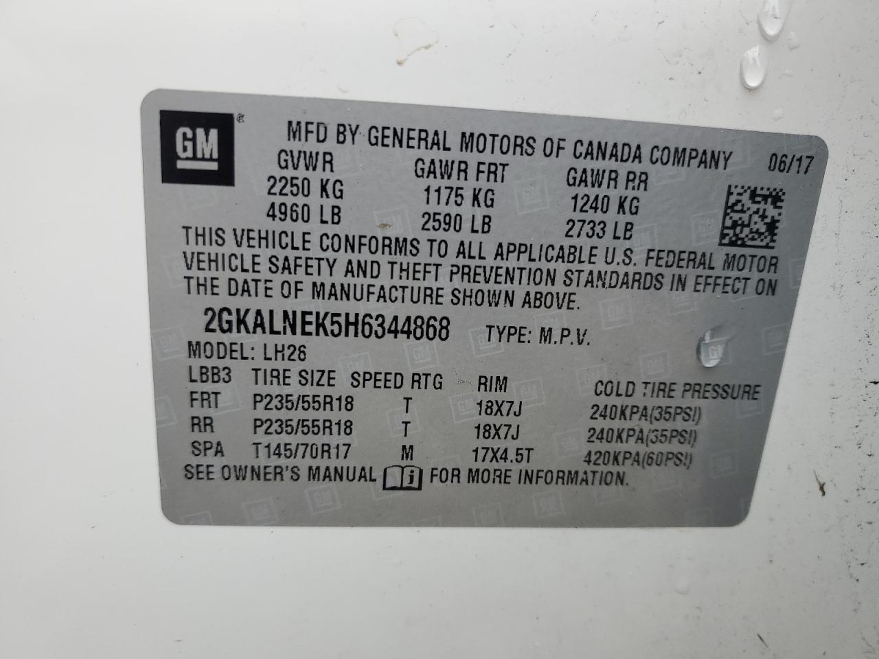 2017 GMC Terrain Sle VIN: 2GKALNEK5H6344868 Lot: 56289075
