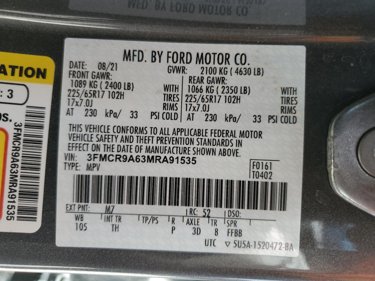 2021 Ford Bronco Sport VIN: 3FMCR9A63MRA91535 Lot: 56843635