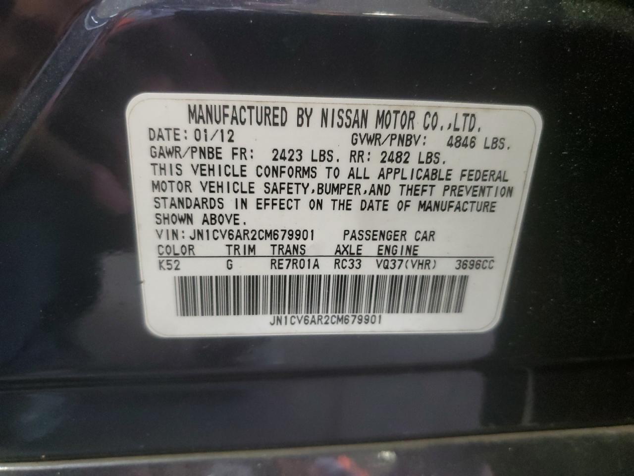 2012 Infiniti G37 VIN: JN1CV6AR2CM679901 Lot: 56931515