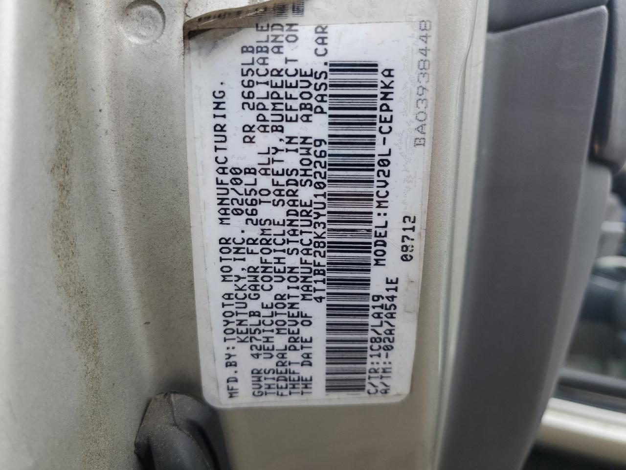 2000 Toyota Camry Le VIN: 4T1BF28K3YU102269 Lot: 57291565