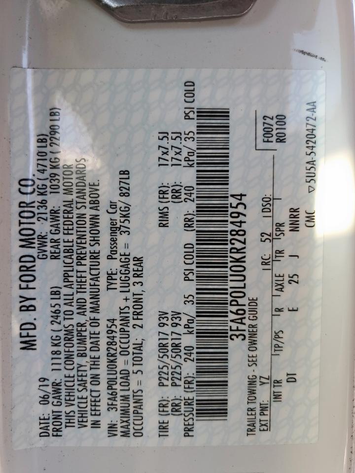 2019 Ford Fusion Se VIN: 3FA6P0LU0KR284954 Lot: 57237095