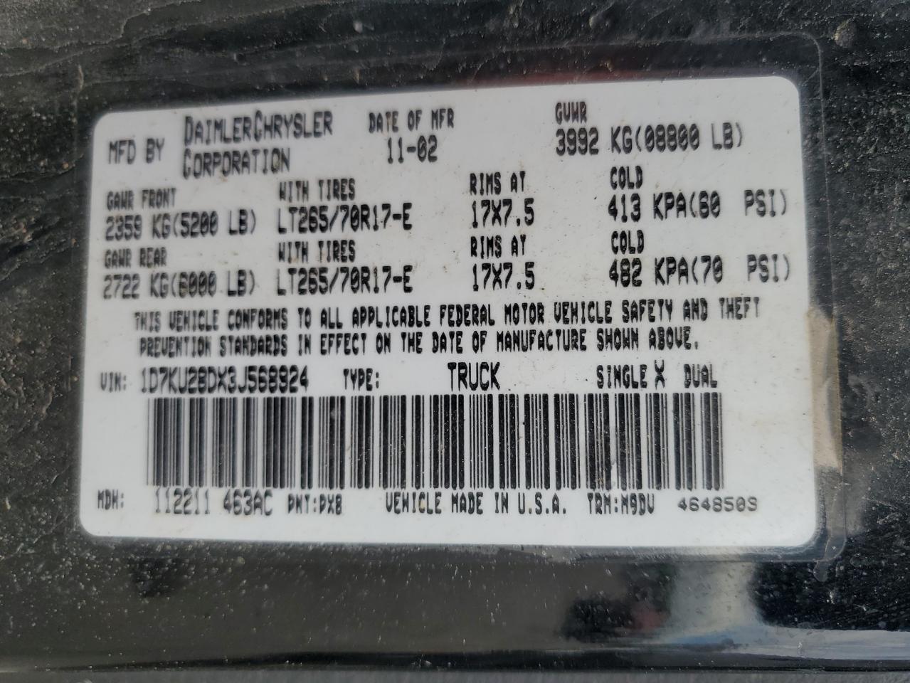 2003 Dodge Ram 2500 St VIN: 1D7KU28DX3J568924 Lot: 80341815