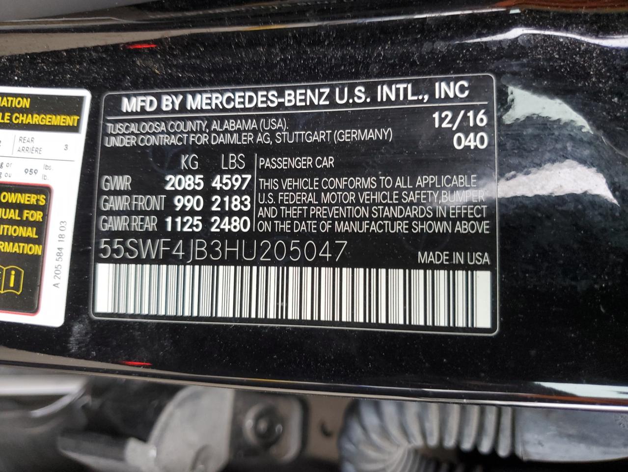 2017 Mercedes-Benz C 300 VIN: 55SWF4JB3HU205047 Lot: 56862915