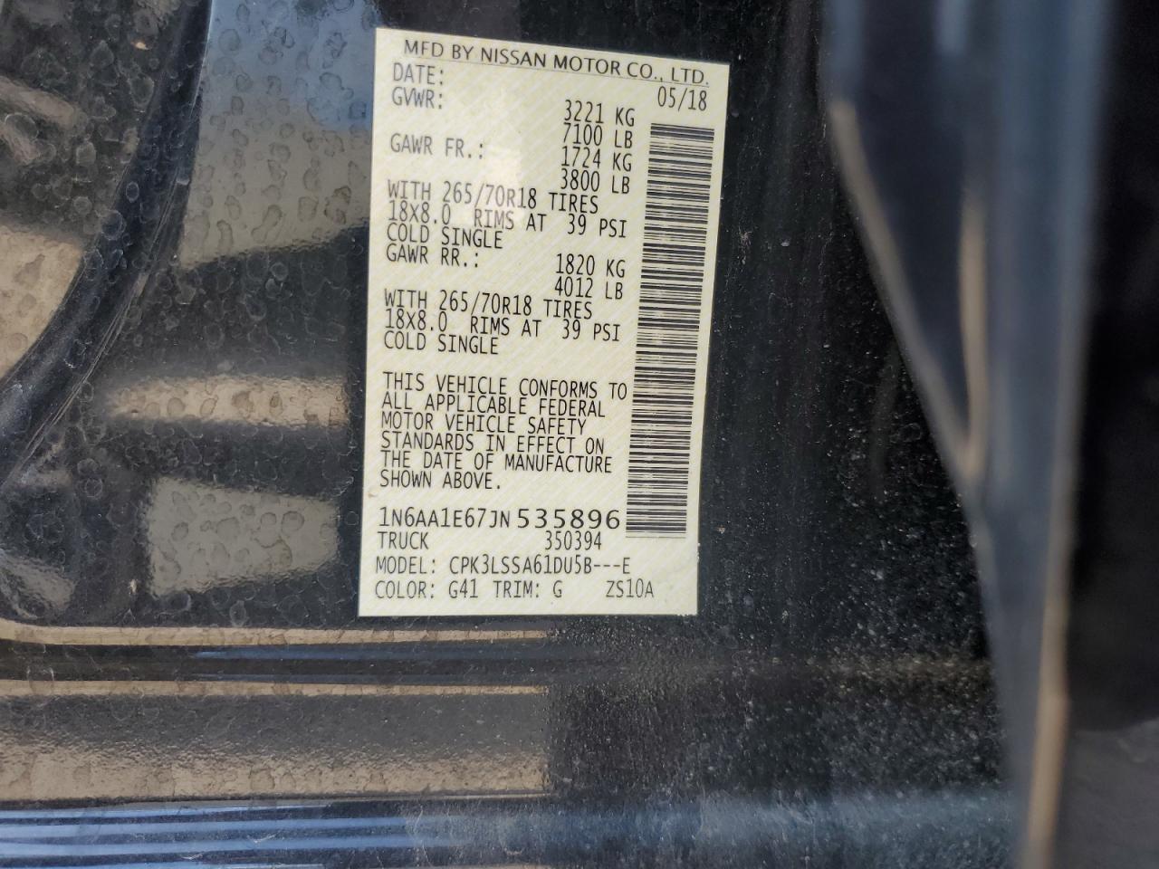 2018 Nissan Titan Sv VIN: 1N6AA1E67JN535896 Lot: 51221415