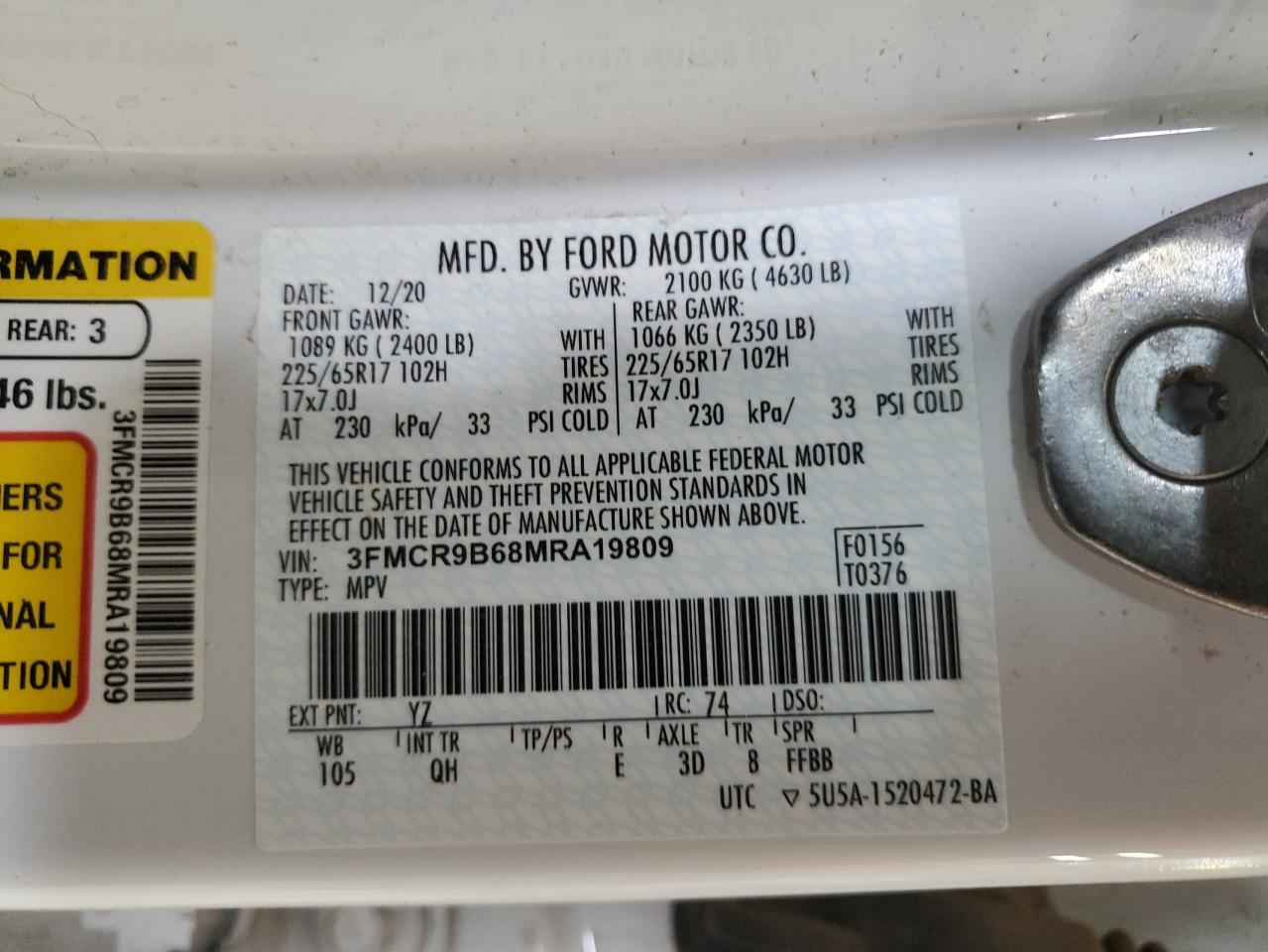 2021 Ford Bronco Sport Big Bend VIN: 3FMCR9B68MRA19809 Lot: 56927415