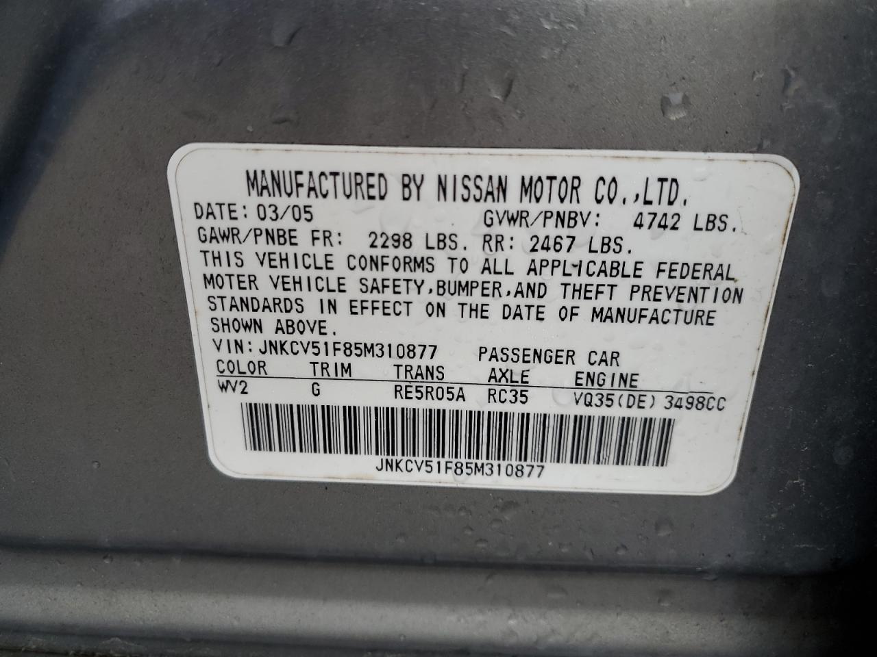 2005 Infiniti G35 VIN: JNKCV51F85M310877 Lot: 57186435