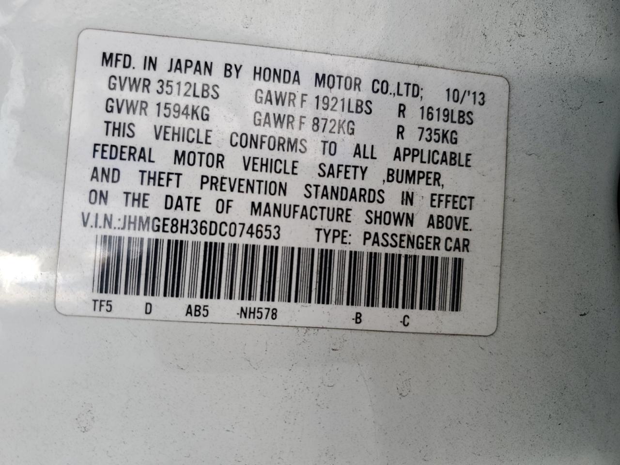 2013 Honda Fit VIN: JHMGE8H36DC074653 Lot: 56934765