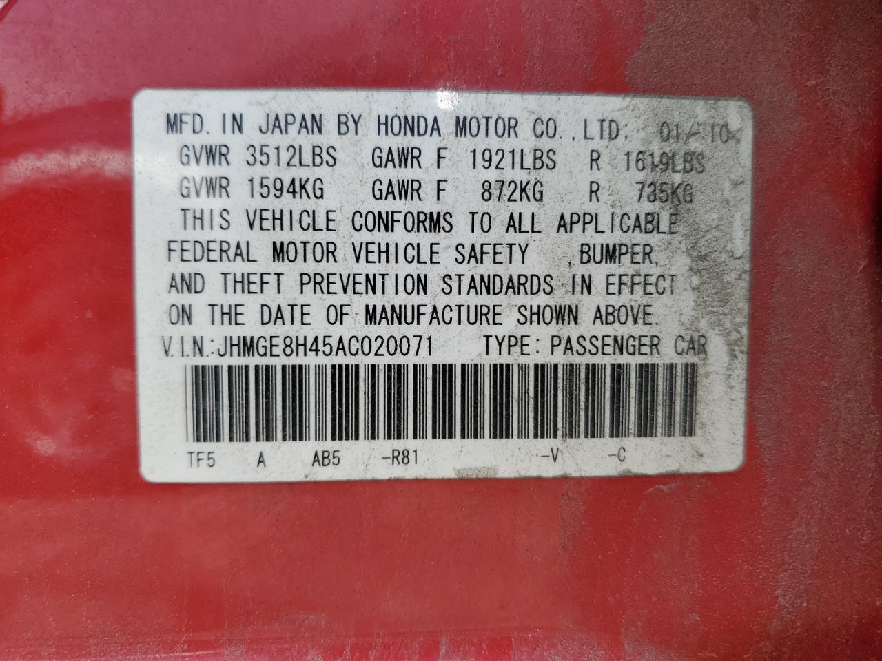 2010 Honda Fit Sport VIN: JHMGE8H45AC020071 Lot: 57065715