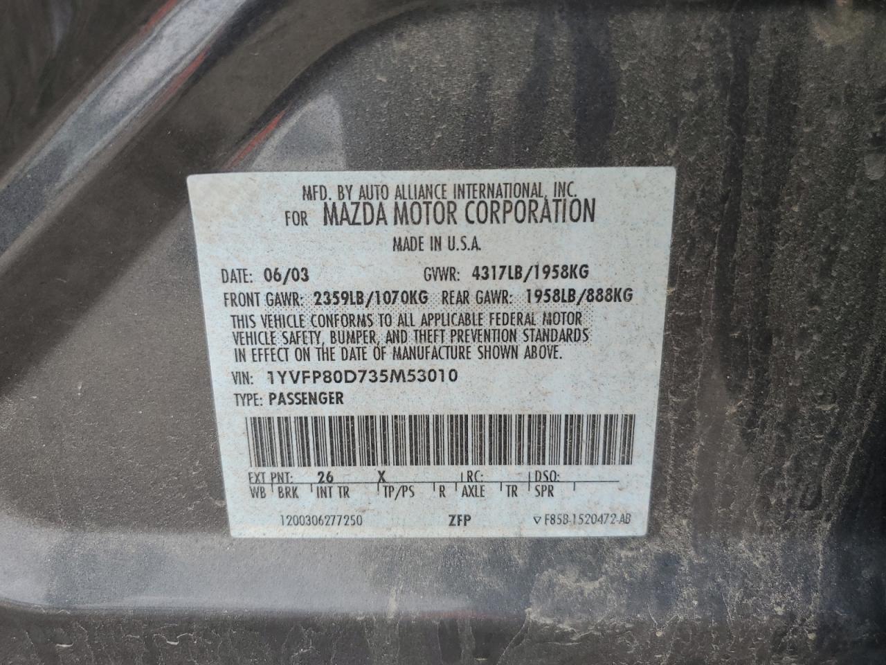 2003 Mazda 6 S VIN: 1YVFP80D735M53010 Lot: 56965695