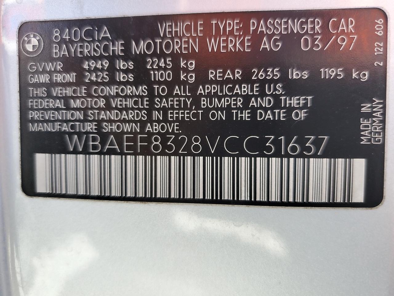 1997 BMW 840 Ci Automatic VIN: WBAEF8328VCC31637 Lot: 56166825