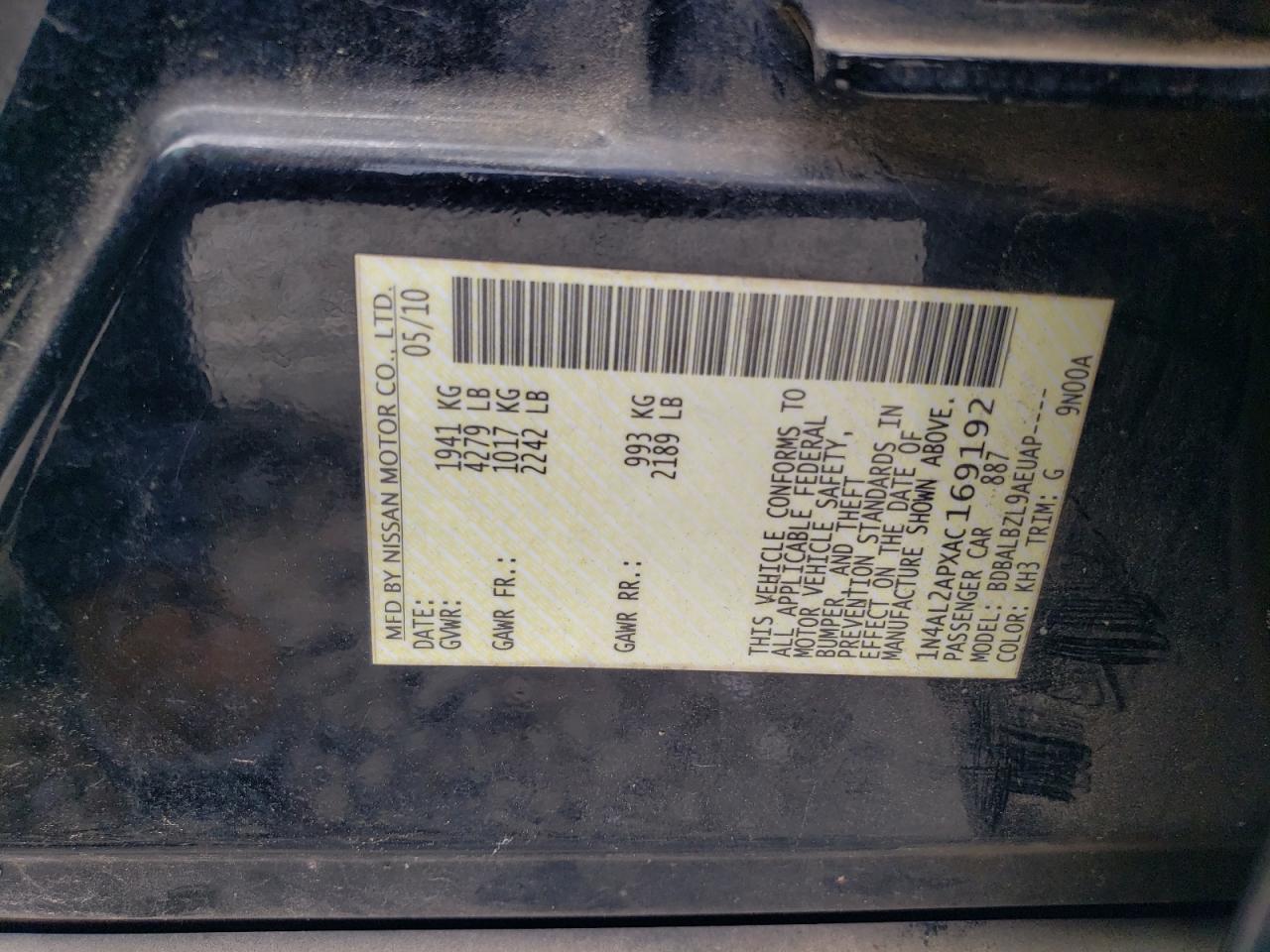 2010 Nissan Altima Base VIN: 1N4AL2APXAC169192 Lot: 56728765