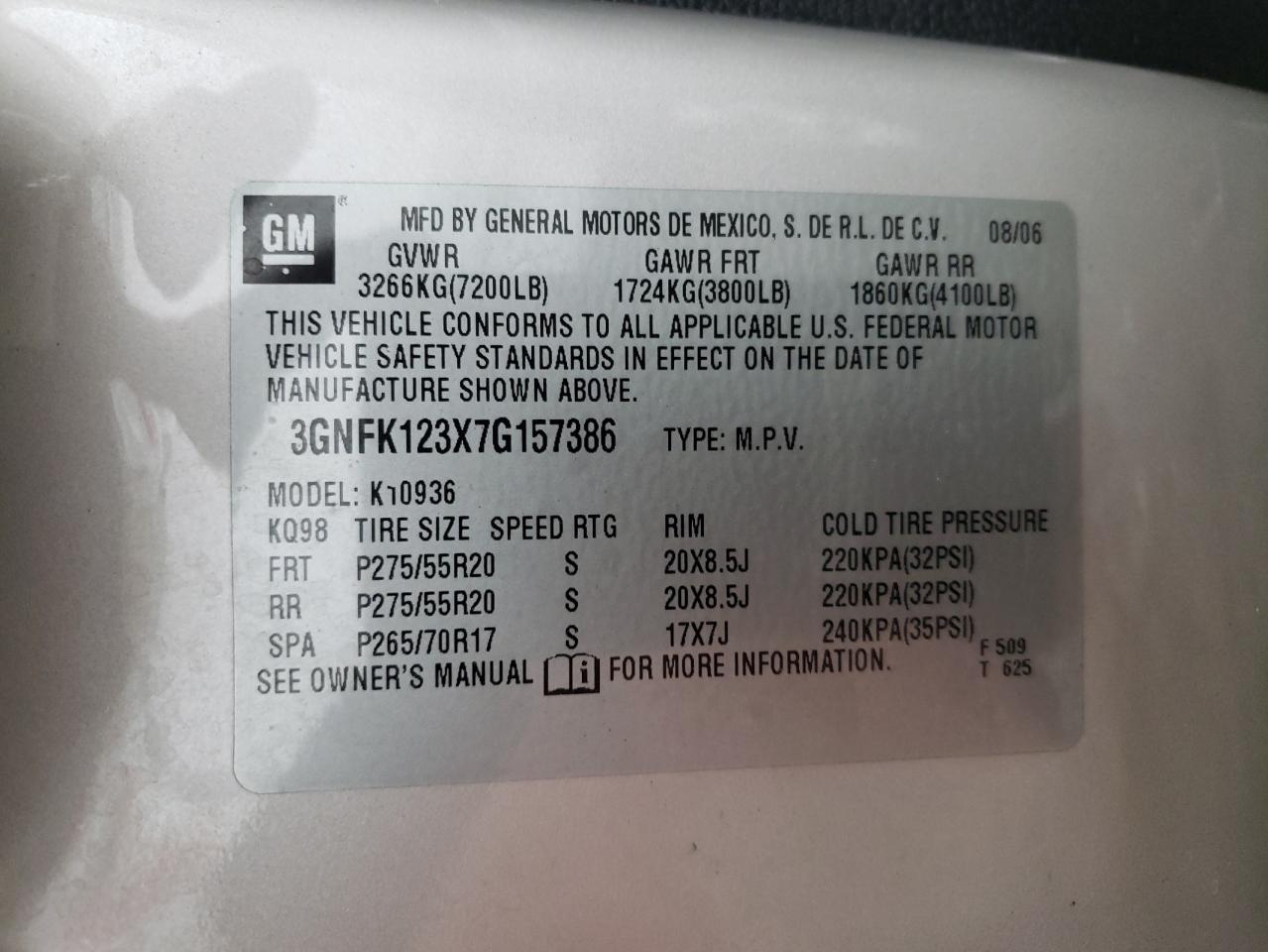 2007 Chevrolet Avalanche K1500 VIN: 3GNFK123X7G157386 Lot: 56963025