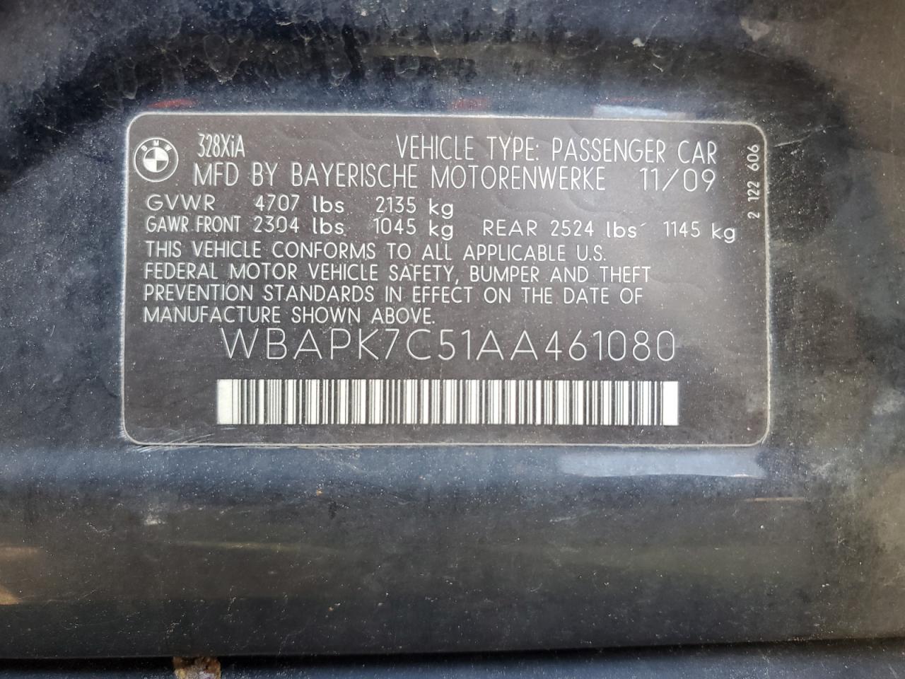 2010 BMW 328 Xi VIN: WBAPK7C51AA461080 Lot: 55987335