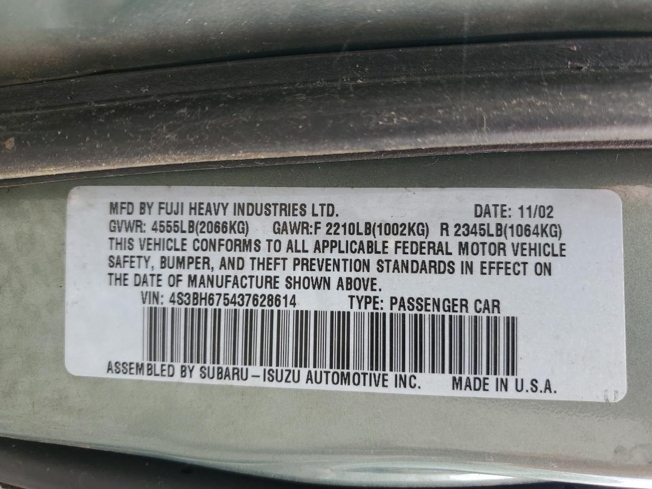 2003 Subaru Legacy Outback Awp VIN: 4S3BH675437628614 Lot: 56667565