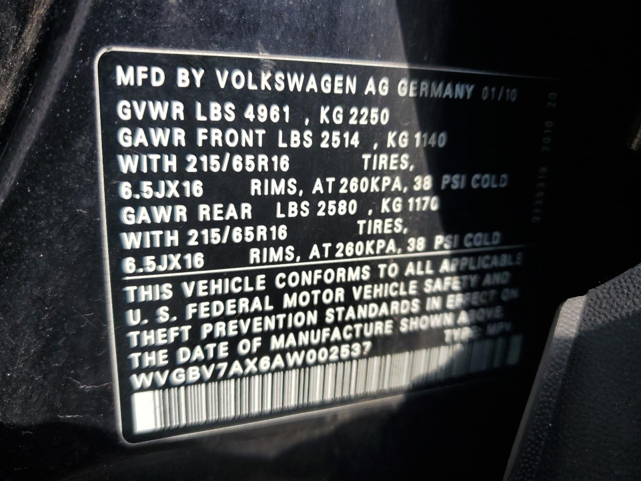 2010 Volkswagen Tiguan Se VIN: WVGBV7AX6AW002537 Lot: 57257305